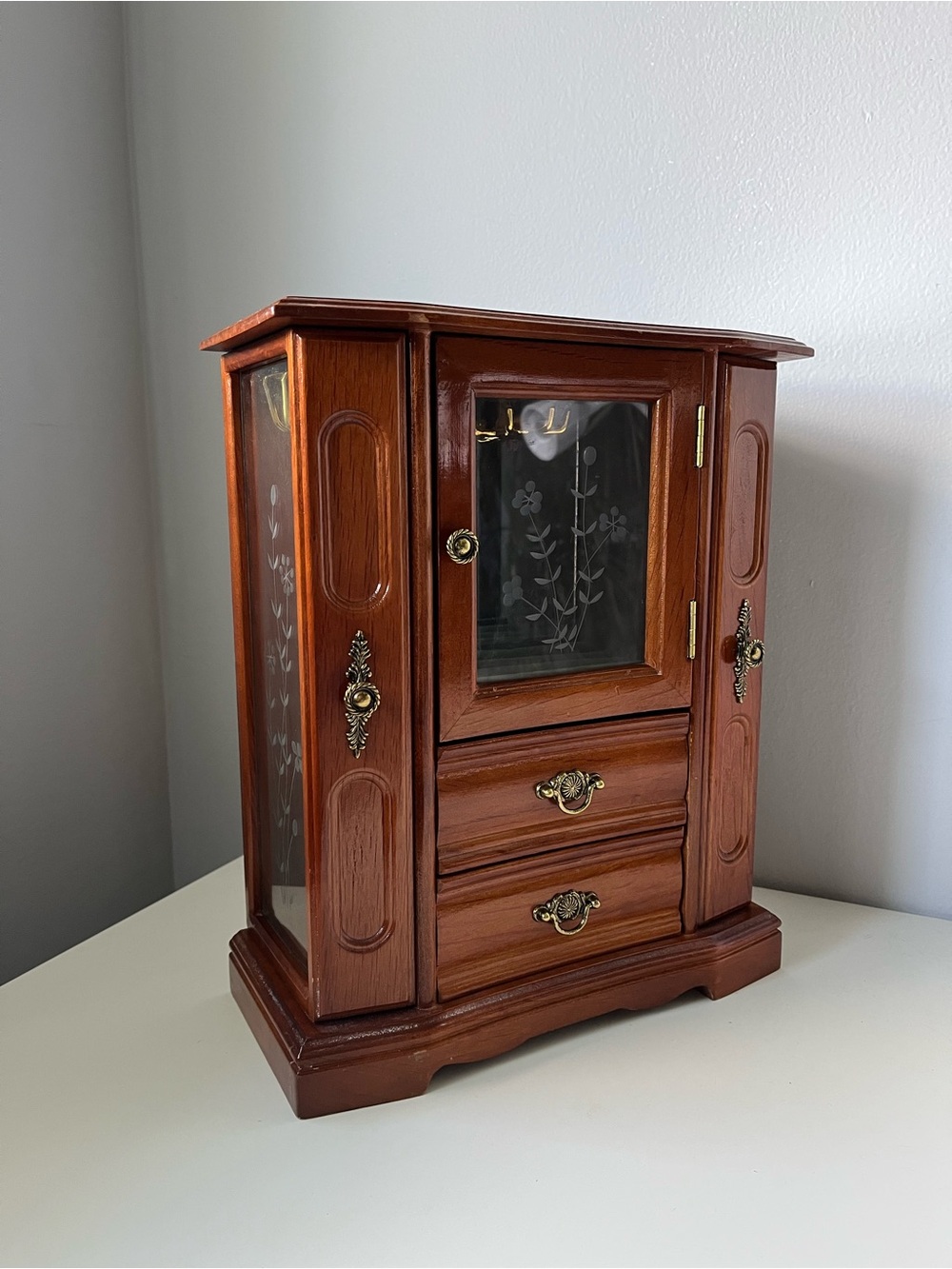 Large Vintage Jewelry Armoire Chest Stained Wood Box